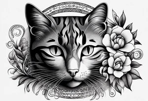 Illustrate a small tattoo of a tabby cat curled up, surrounded by gentle swirls or floral elements to enhance its cozy vibe tattoo idea