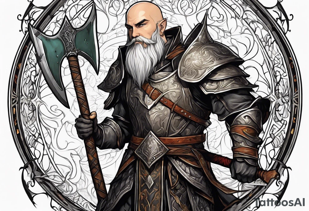 a full-body picture of a 30-year-old, human elf, bearded bald male, paladin, holding a battle axe, tattoo idea