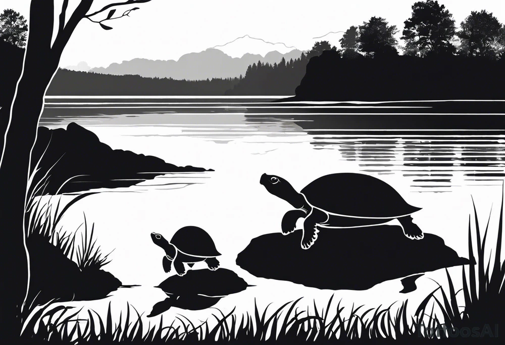 Black and white silhouette illustration of a parent turtle standing proudly on a rock, overlooking its curious hatchling. The parent turtle's expression is gentle and loving, while the hatchling gazes up with wide, admiring eyes. The scene includes minimal outlines of a calm lake and trees framing the illustration. The background is simple, with soft, flowing lines to suggest the peaceful setting. The focus is on the bond between the turtles, captured in clear, bold black silhouettes against the serene, minimalist environment. tattoo idea