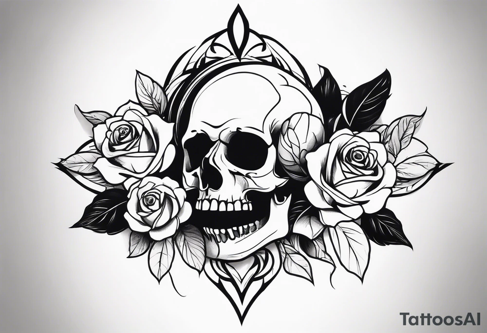 black upper arm sleeve skull rose tattoo idea