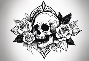 black upper arm sleeve skull rose tattoo idea