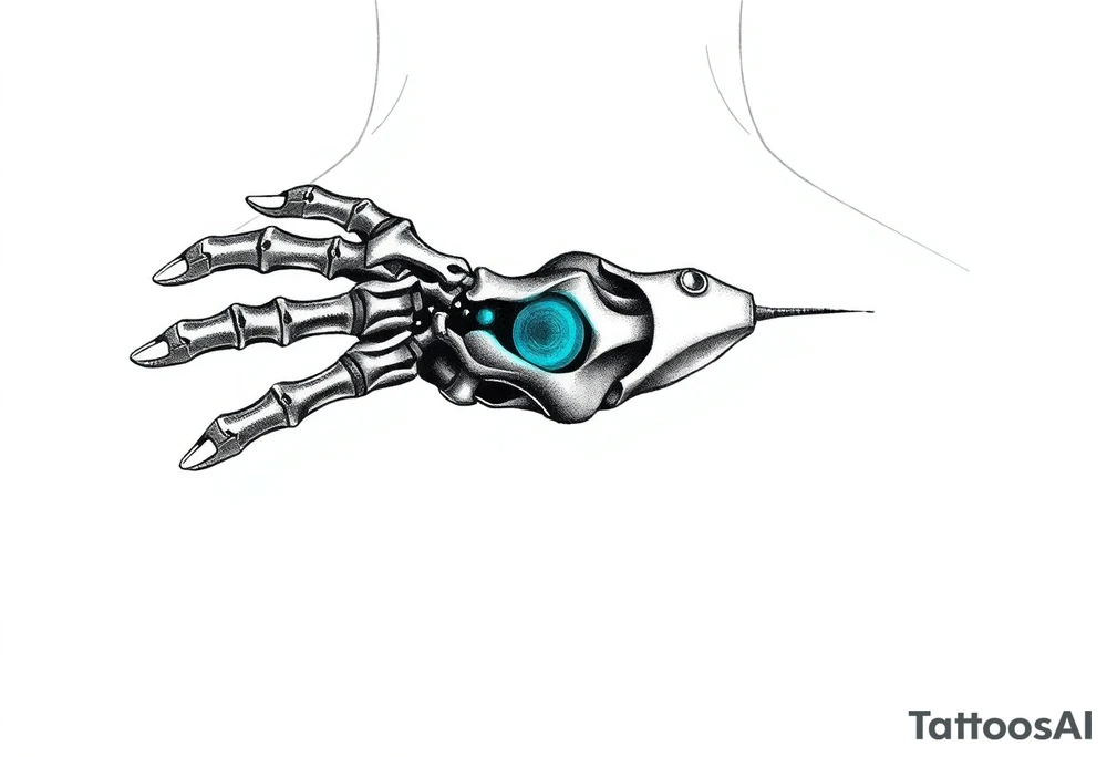A transparent overlay effect showing the hand's inner mechanical structure, with shimmering metallic blue bones and joints. tattoo idea
