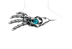 A transparent overlay effect showing the hand's inner mechanical structure, with shimmering metallic blue bones and joints. tattoo idea