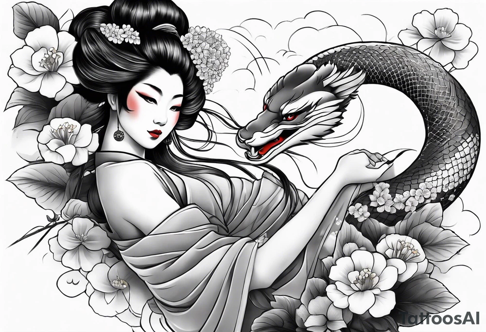 High contrast black and grey Japanese full arm tattoo, geisha on upper arm and snake with flowers going down the forearm imagine tattoo idea
