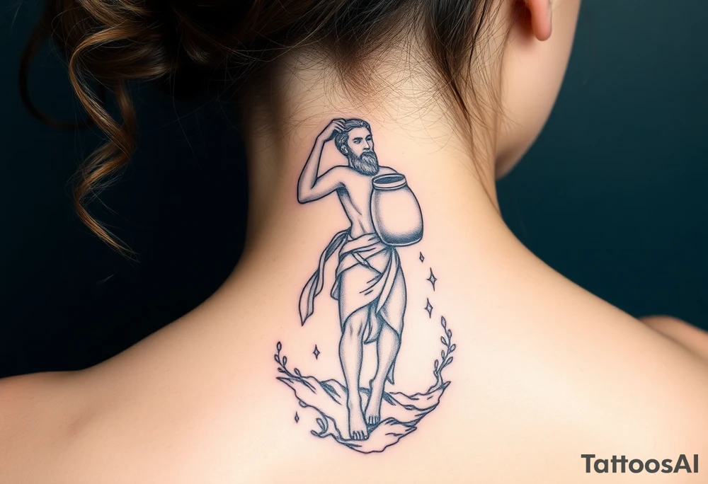 A humanized god carrying a jar on his shoulder, from which it flows out of the water to create a marine environment tattoo idea