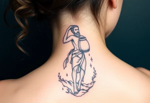 A humanized god carrying a jar on his shoulder, from which it flows out of the water to create a marine environment tattoo idea