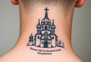 rusian orthodox domes church with a virgin mary in a russian rural village with Church Slavonic script or Cyrillic text — a prayer or meaningful phrase running along the sides tattoo idea