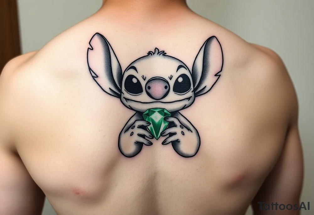 Stitch holding emerald birthstone tattoo idea