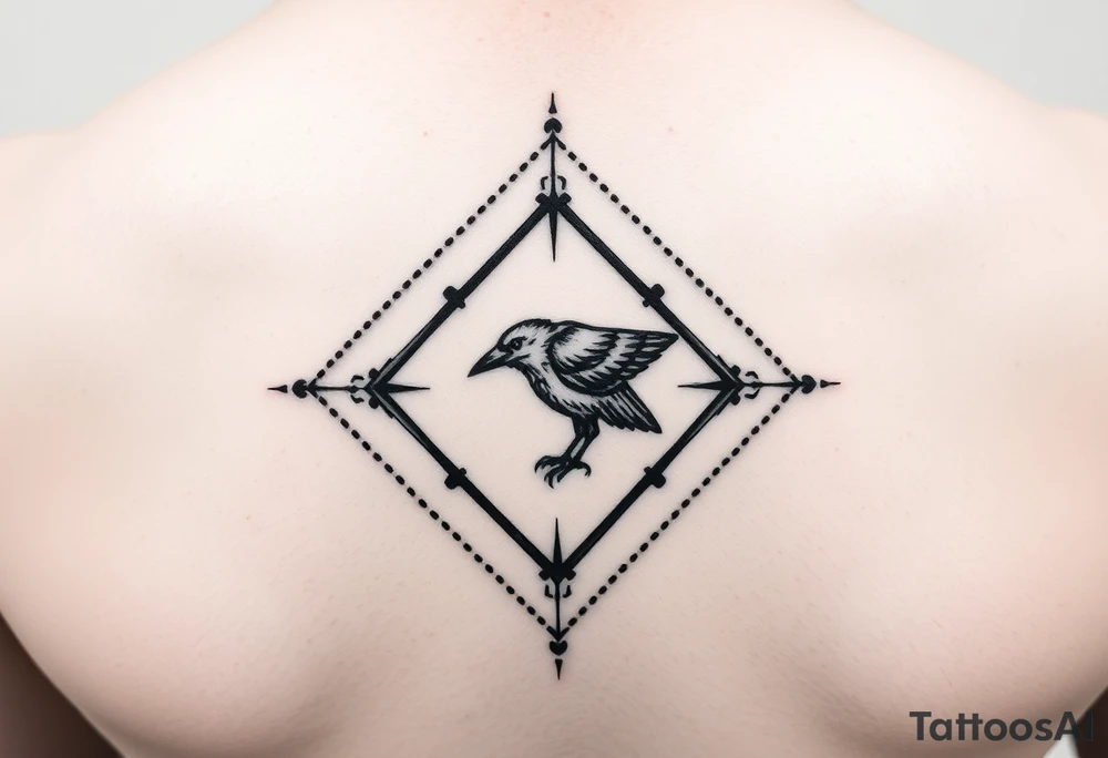 Diamond Geometric design with dotted lines with crow in the center with dark shading for forearm tattoo idea