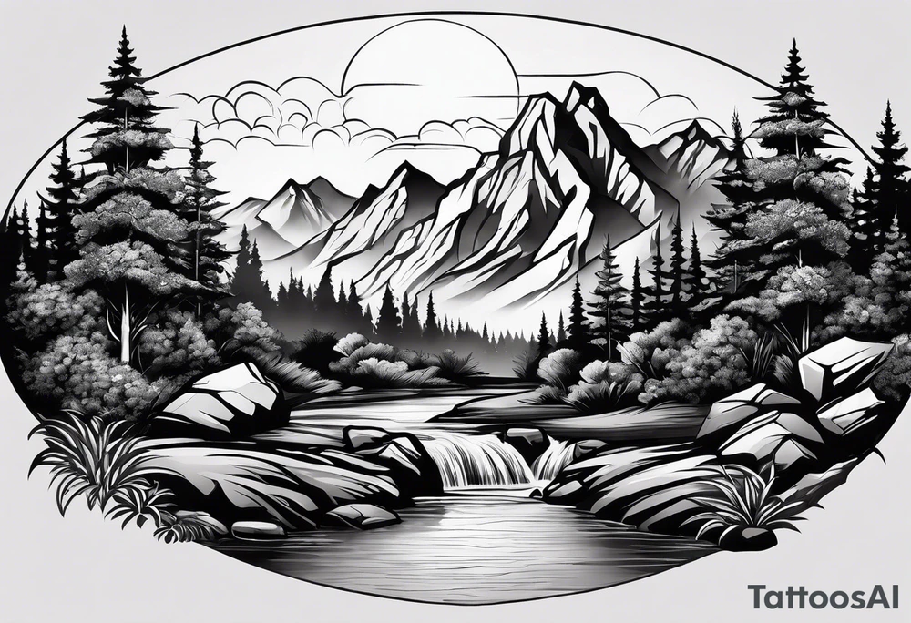 Mountain with a creek at the bottom and bushes at the base. For a full arm sleeve tattoo idea