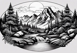 Mountain with a creek at the bottom and bushes at the base. For a full arm sleeve tattoo idea