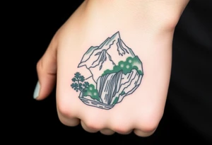 သား  surrounded by a colorful green mountainside with a waterfall tattoo idea