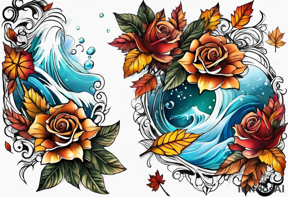 thigh tattoo with fall colors showing leaves, flowers, roses, water flow, and sky tattoo idea