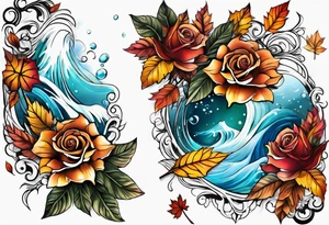 thigh tattoo with fall colors showing leaves, flowers, roses, water flow, and sky tattoo idea
