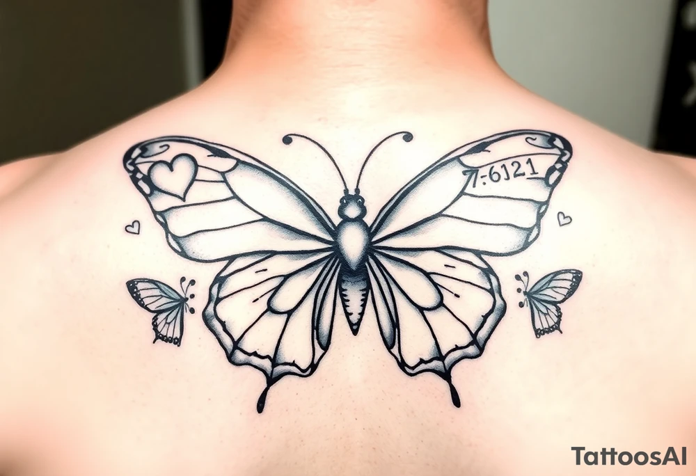 Beautiful Butterfly with heart desinhs on one side and the other side capricorn zodiac  number  with little butterfly's surrounding the bigger butterfly and on both side of the butterfly the names JOSIAH  7-6-21 & on the opposite side the name ADIAN 3-10-23 tattoo idea