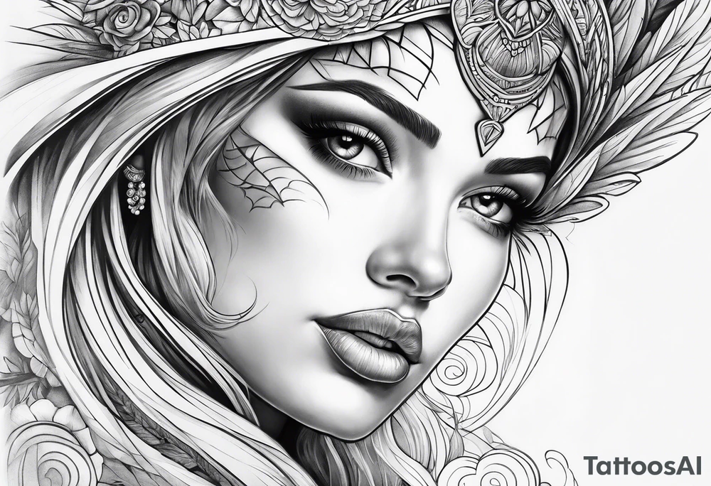 Mythical angelic woman face on arm tattoo idea