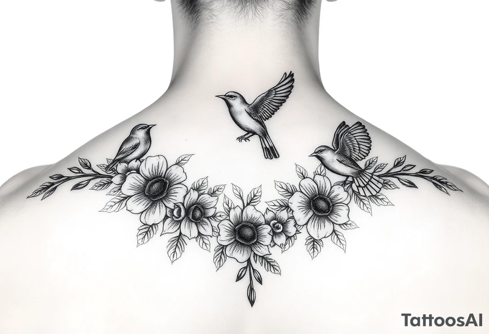 floral ornaments and birds tattoo idea