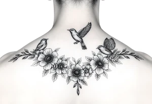 floral ornaments and birds tattoo idea
