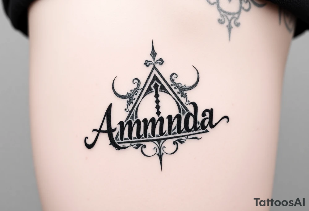 Amanda name with Harry Potter deathly hallows on ribs tattoo idea