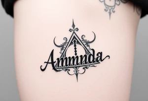 Amanda name with Harry Potter deathly hallows on ribs tattoo idea