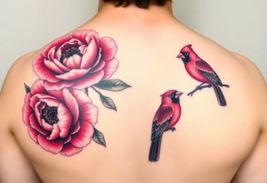 pink peony flowers with bold coloring highlighting reds and whites; and a feminine but boldly colored male and female cardinal birds tattoo idea