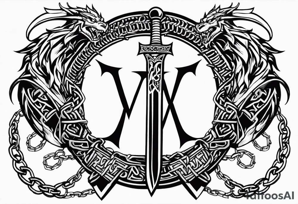 Valhalla sword shield dragon axe Valknut barbed wire chains tribal tattoo idea Valhalla sword shield dragon axe Valknut barbed wire chains tribal tattoo idea