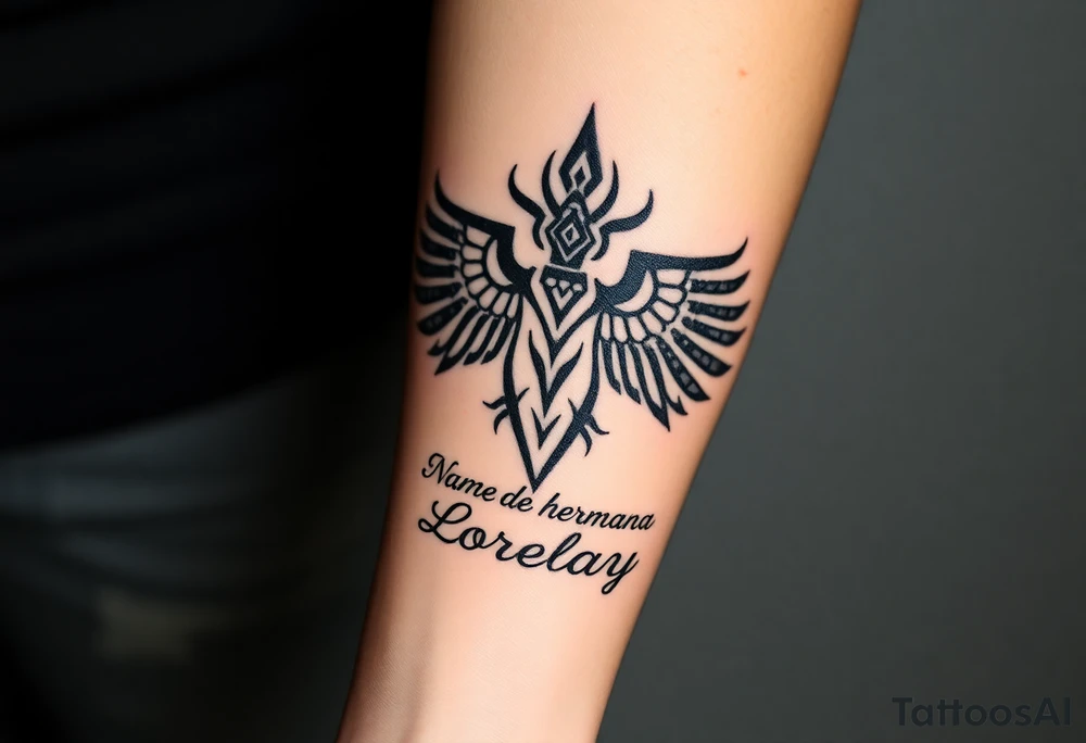 Crea un diseño significativo sobre la cultura egipcia y que tenga el nombre escrito por de bajo del diseño el nombre de mi hermana Lorelay para la parte baja del bíceps tattoo idea