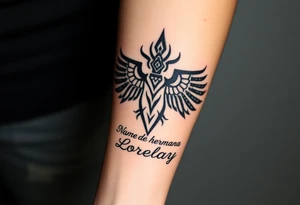 Crea un diseño significativo sobre la cultura egipcia y que tenga el nombre escrito por de bajo del diseño el nombre de mi hermana Lorelay para la parte baja del bíceps tattoo idea