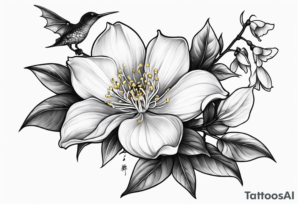 Shoulder and collarbone tattoo of a vibe of night-blooming Jasmine with a bat hanging from one of the stems tattoo idea