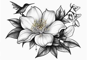 Shoulder and collarbone tattoo of a vibe of night-blooming Jasmine with a bat hanging from one of the stems tattoo idea