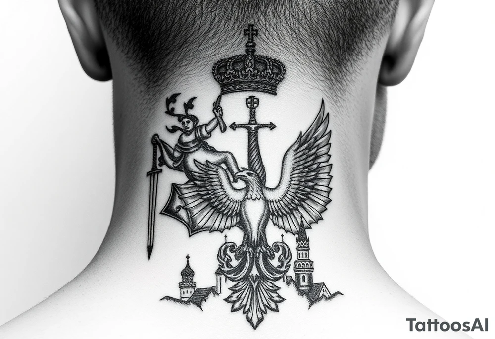 St. George slaying the dragon (hugely common in Russian Orthodox art)
Russian imperial crown above the eagle
Crossed swords or a Russian sabre
The Kremlin or St. Basil's Cathedral scene tattoo idea