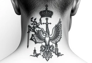 St. George slaying the dragon (hugely common in Russian Orthodox art)
Russian imperial crown above the eagle
Crossed swords or a Russian sabre
The Kremlin or St. Basil's Cathedral scene tattoo idea