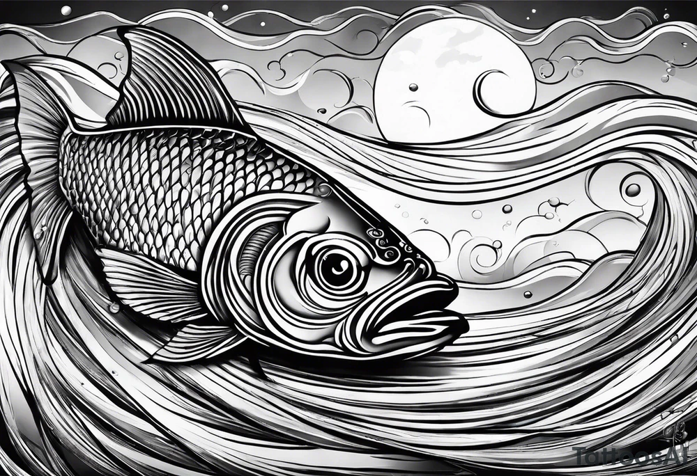 Fish with water ripples and moon tattoo idea