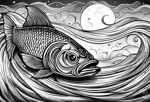 Fish with water ripples and moon tattoo idea