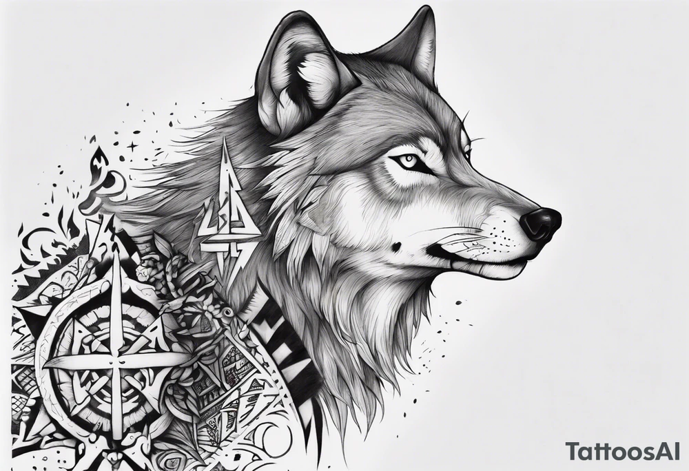 want a half sleeve on my left forearm featuring a side profile of wolf with a vegvisir for its eye, incorporating Māori patterns tattoo idea