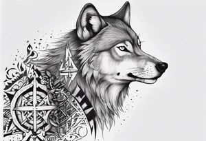 want a half sleeve on my left forearm featuring a side profile of wolf with a vegvisir for its eye, incorporating Māori patterns tattoo idea