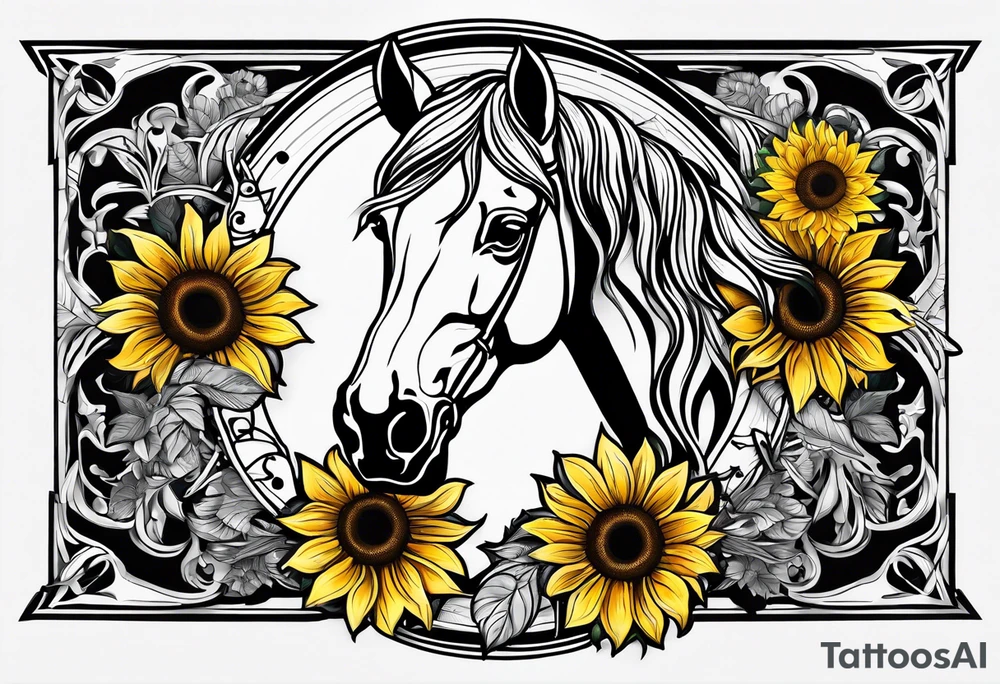 Horse, compass, sunflower tattoo idea