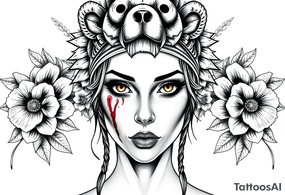 Young Symmetrical Beautiful Woman, looking forward, with colored eyes, shedding a tear, with battle scars and blood on face, with soft look, wearing a mean looking bear headdress on head, with flower background tattoo idea