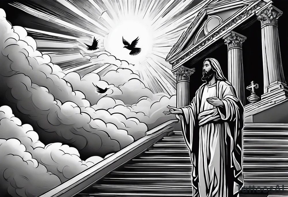Jesus standing on a flight of stairs with clouds, sunshine and a dove in the background on the upper arm tattoo idea