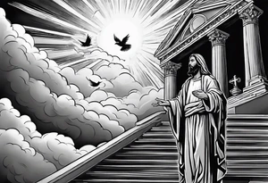 Jesus standing on a flight of stairs with clouds, sunshine and a dove in the background on the upper arm tattoo idea
