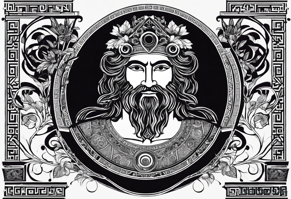 greek god dionysus holding a theatre mask. Surrounded by ancient greek geometrical patterns. I want the whole tattoo to be in ancient greek style tattoo idea