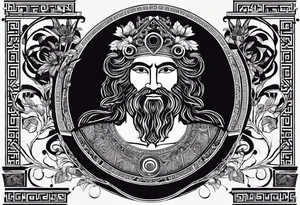 greek god dionysus holding a theatre mask. Surrounded by ancient greek geometrical patterns. I want the whole tattoo to be in ancient greek style tattoo idea