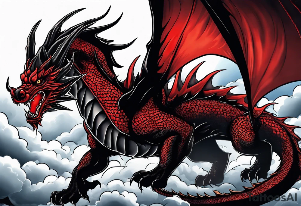 Black and red dragon with a danger tail. In the clouds with lightning. tattoo idea