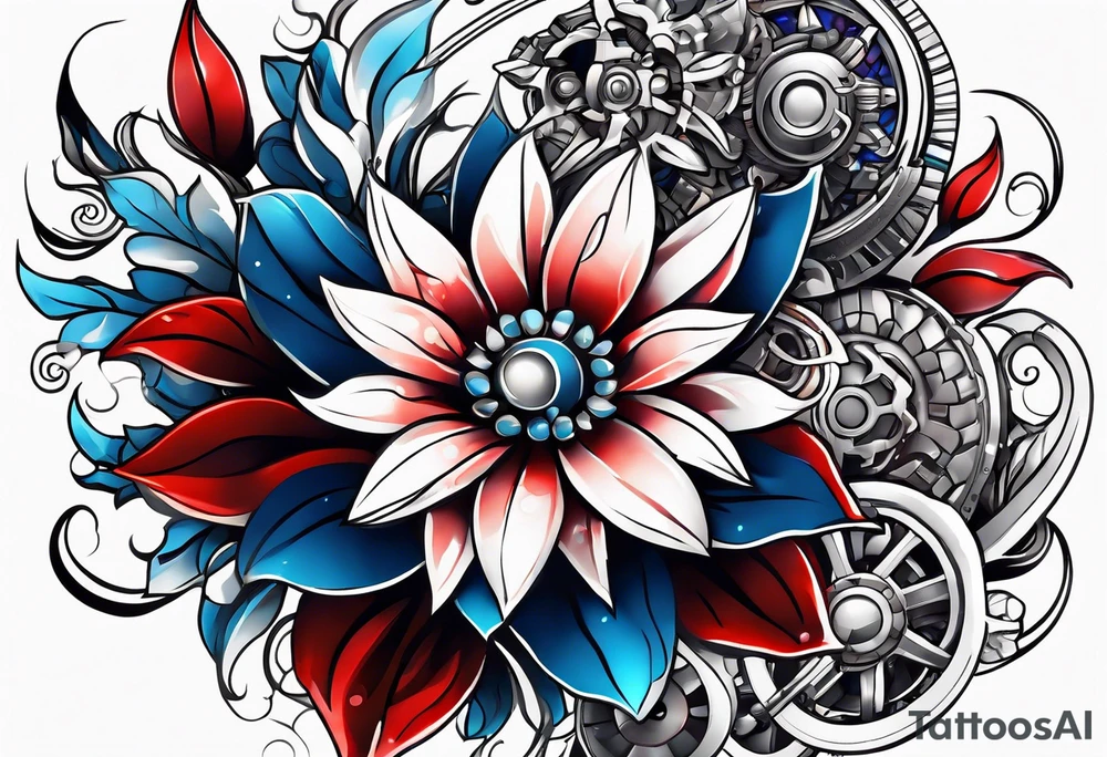Mechanical flowers with blue and red accents tattoo idea