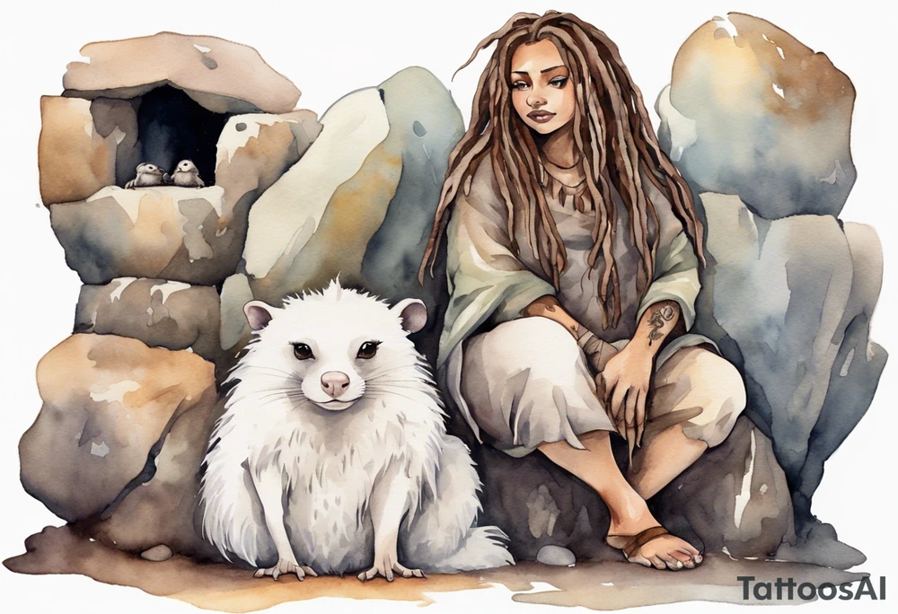 a solitary plump mole woman with large round eyes, covered in white fur with  brown dreadlocks sitting in stone throne in a cave tattoo idea