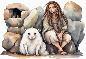 a solitary plump mole woman with large round eyes, covered in white fur with  brown dreadlocks sitting in stone throne in a cave tattoo idea