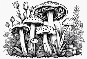 Amanita mushrooms, plants, tulips, serotonin symbol, semi colon tattoo idea