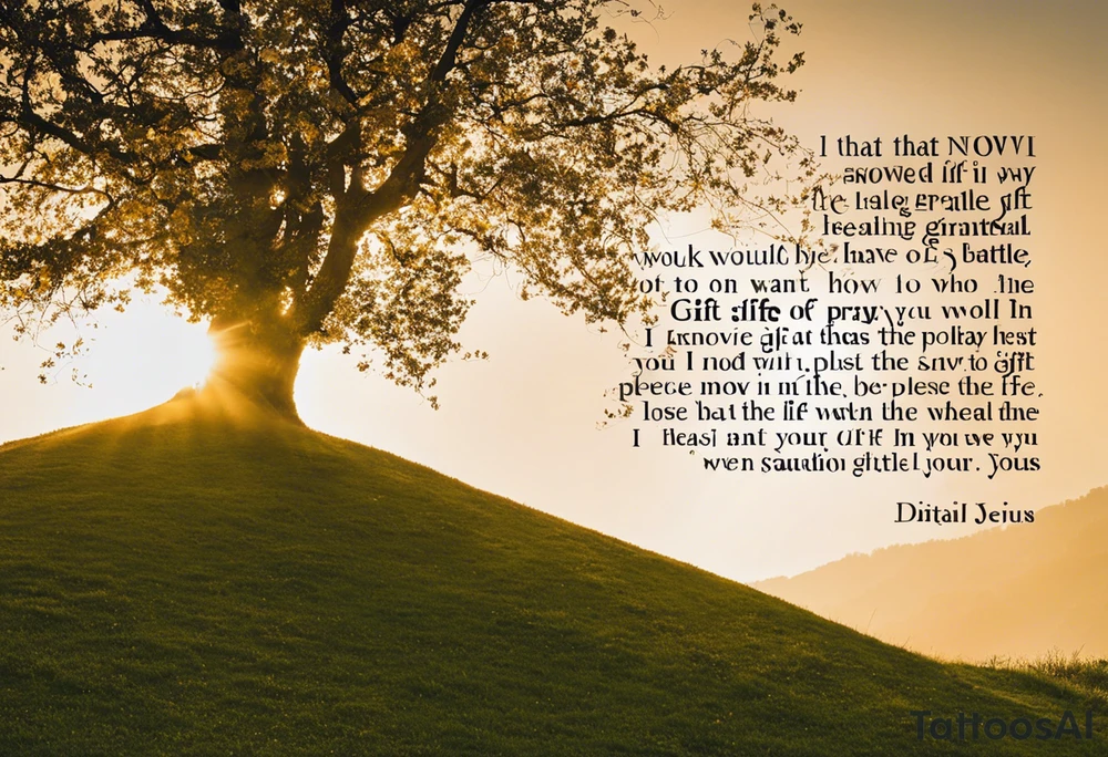 “Now that I have been granted the ultimate gift of healing. I would like to thank those of you who have stood with me to pray for my healing here on earth. I want you to know that I did not lose the battle. I have been given the most precious gift ever—the gift of eternal life with My Savior and Lord, Jesus Christ. So please rejoice for me. If you do not know Him, his gift is free for all who turn from their sin, ask for forgiveness, and ask Him to be their friend and guide through this life on this earth.” tattoo idea