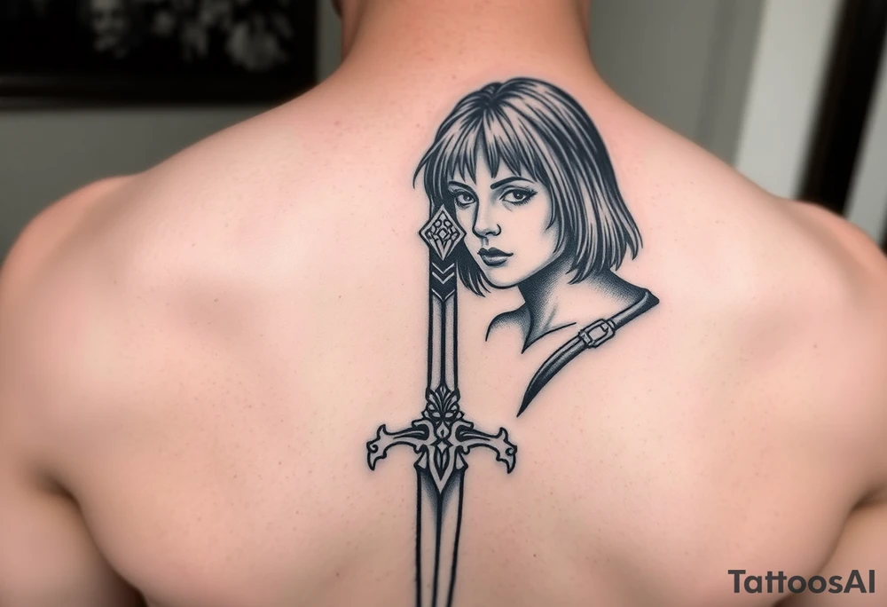 Joan of arc (with short hair and realistic) gothic style with a sword tattoo idea