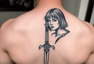 Joan of arc (with short hair and realistic) gothic style with a sword tattoo idea